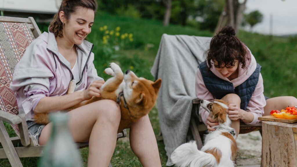 dwie kobiety bawiące się z psami